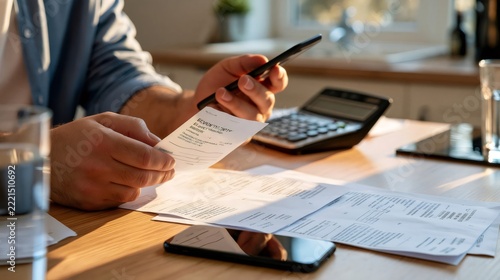 Man managing home finances, bills, and budget