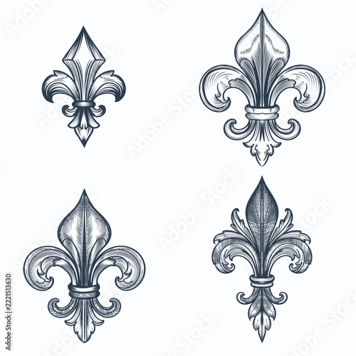 Set of hand drawn vector royal heraldic fleur de lis illustration isolated