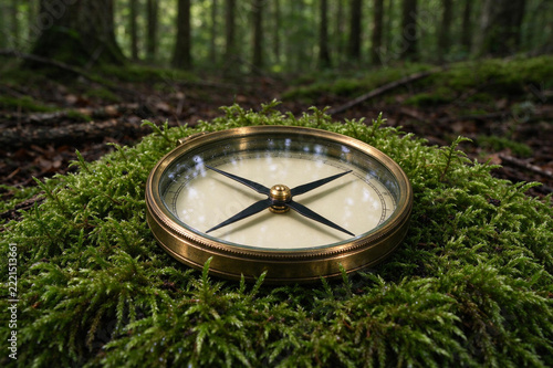 Brass compass on green moss in a forest, finding direction