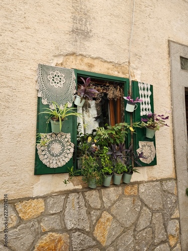 dekoriertes Fenster im Süden mit grünen Fensterläden und Pflanzen