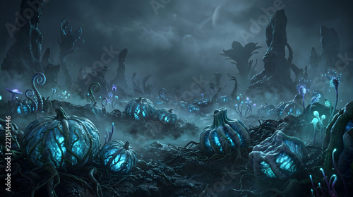 Spooky extraterrestrial pumpkin patch glowing with ethereal cyan light through cracked organic textures in misty dark alien swamp under ominous stormy night sky for dark fantasy wallpaper