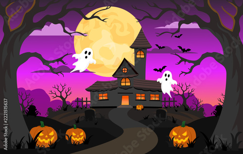 Spooky Halloween Haunted House with Cute Ghosts