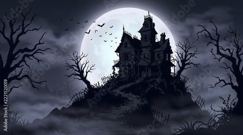 spooky haunted house on dark misty hilltop at night with luminous full moon flying bats bare gnarled trees and cemetery graveyard creating terrifying atmospheric gothic horror wallpaper