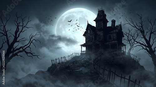 gothic haunted victorian mansion perched on spooky cemetery hill under glowing full moon with flying bats drifting fog and twisted bare dead trees creating a dramatic halloween backdrop