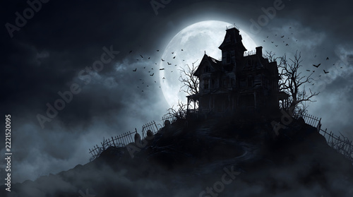 menacing haunted victorian house silhouette on foggy hilltop under glowing full moon with swarming black bats and twisted bare branches creating ominous eerie dark gothic horror background