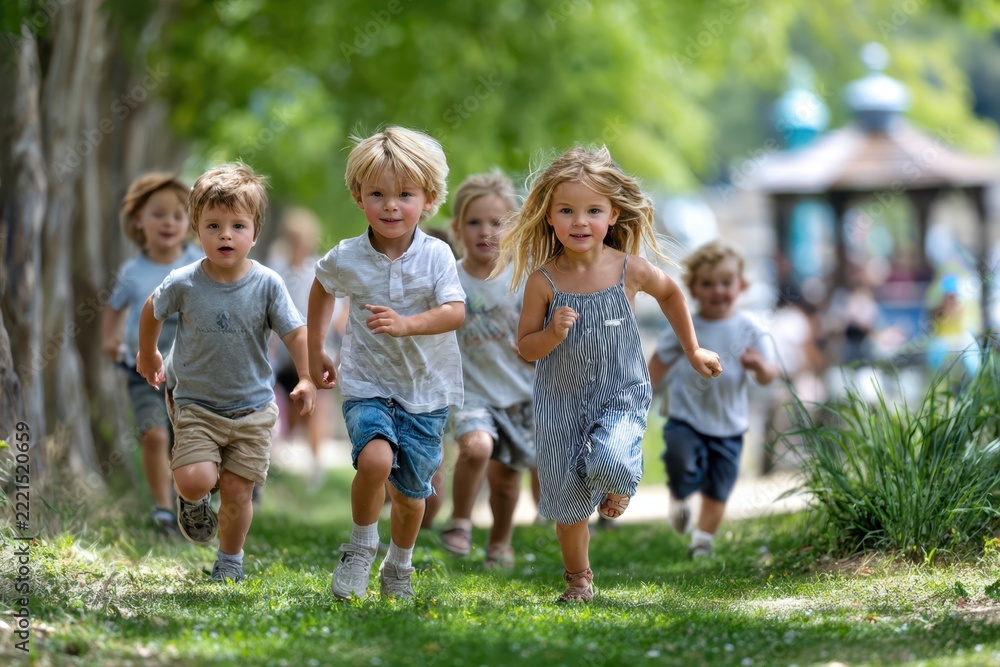 Fototapeta premium Group of children running in a park