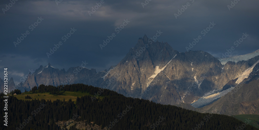Fototapeta premium Summer view of the Mont Blanc massif above forested slopes 