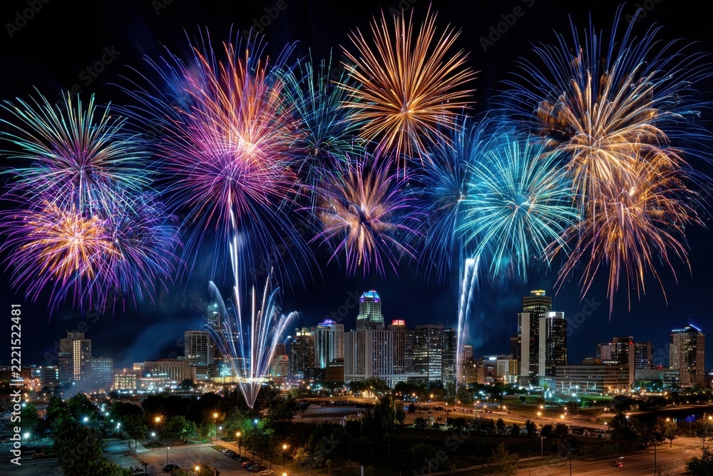 Fototapeta premium Fireworks Over City Skyline at Night