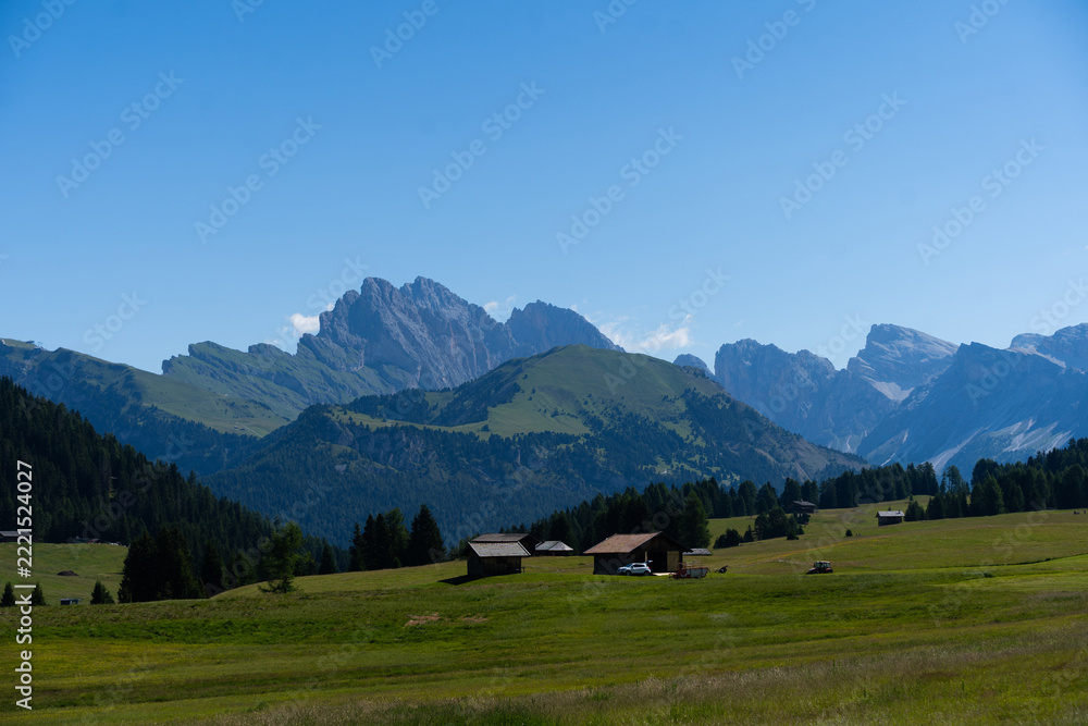 Fototapeta premium Alpe di Siusi at sunny morning sunrise, Dolomites mountains, Italy