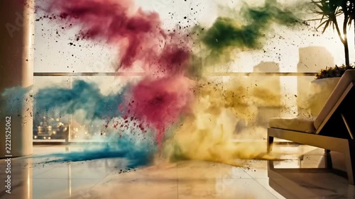 Vibrant multicolored smoke blast on balcony against city skyline backdrop.