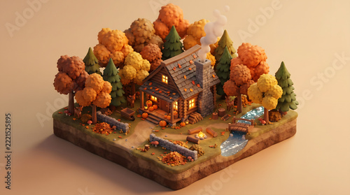 Stylized isometric 3D diorama of cozy autumn log cabin in colorful fall forest with smoking chimney pumpkins campfire and flowing stream on floating island chunk for digital art poster banner