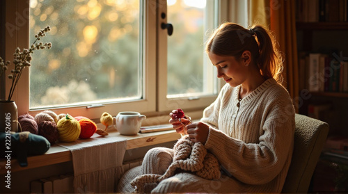 Young woman knitting with wool yarn sitting by a sunny window in a cozy home interior setting