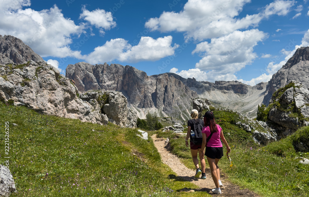 Fototapeta premium hiking in the mountains, The dolomites, Val Gardena, Italy 
