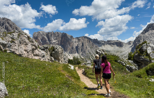 hiking in the mountains, The dolomites, Val Gardena, Italy 