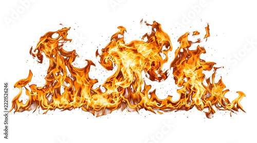 Raging fire flames wall border with dynamic flying sparks and burning embers isolated on clean white background for hot sale promotion energy heat power and danger safety warning graphic banner