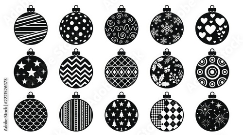 A collection of intricate black and white christmas ornaments for festive