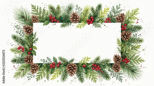 A beautiful watercolor christmas frame with pine branches cones and berries