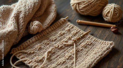 Beige yarn knitting project with wooden needles on a rustic dark wooden table surface background