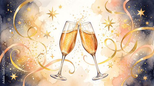 Festive watercolor illustration of two clinking champagne glasses with splashing golden bubbly ribbons and stars ideal for new year eve greeting card wedding invitation and party banner