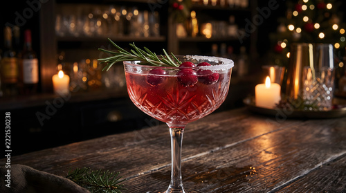 festive ruby red cranberry cocktail with sugar rim and rosemary sprig in crystal coupe glass resting on rustic wooden table against sparkling christmas tree lights in warm festive background