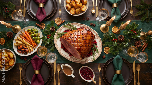 overhead flat lay of festive christmas dinner table feast with roasted glazed ham roasted potatoes seasonal vegetables cranberry sauce and elegant place settings with warm glowing candles
