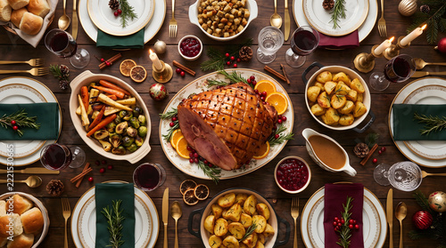 overhead view of sumptuous christmas feast spread on dark wood table featuring roasted glazed ham baked potatoes dinner rolls cranberry sauce and seasonal sides for holiday family gathering