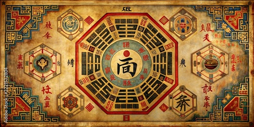 Complex ancient Chinese scroll featuring a bagua diagram and central symbol, encompassed by traditional patterns, calligraphic text, and small hexagrams