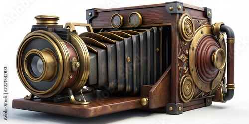 Intricate Steampunk Folding Camera with Wood and Brass Elements, Exposed Bellows, and Ornate Details