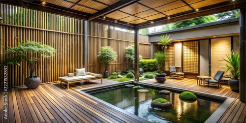 Tranquil Japanese Courtyard Featuring a Pond with Floating Elements, Covered Deck, and Elegant Slatted Screens