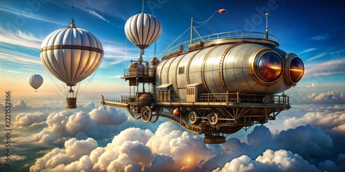 A fantastical steampunk airship with a metal hull and two large balloons flying above a sea of clouds at sunset