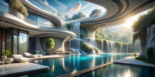 Ultra-Modern House with Cascading Water Features and Multiple Swimming Pools Surrounded by Verdant Hills