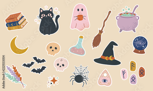 Cute Halloween Sticker Set with Ghosts, Pumpkins, Black Cats and Magical Witchcraft Elements