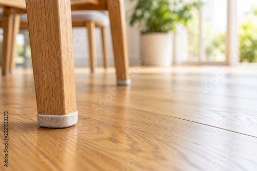 Wooden Chair Leg with Felt Floor Protector on Hardwood Floor Close Up