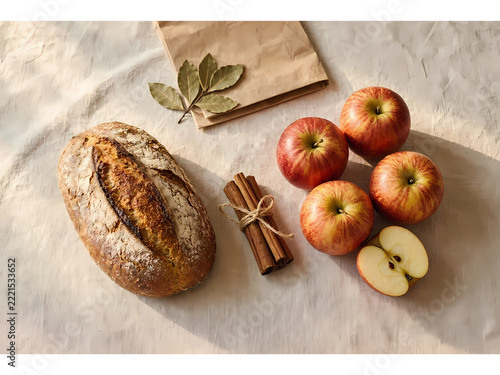 Freshly baked artisan sourdough bread loaf with red apples cinnamon sticks and paper bag on linen tablecloth