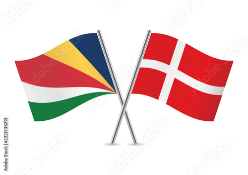 Seychelles and Denmark crossed flags on a white background. Vector illustration.