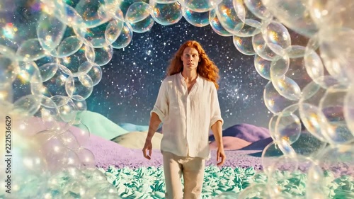 Woman standing behind a wall of translucent glass bubbles.