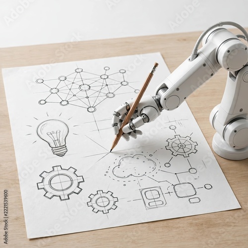 robotic arm A robotic arm drawing technical sketches including a lightbulb, gears, and network nodes on paper digital transformation marketing