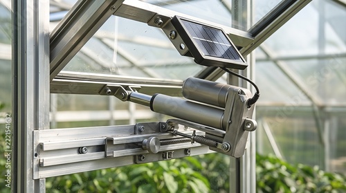 Solar powered automatic greenhouse vent opener mounted on aluminum window frame.