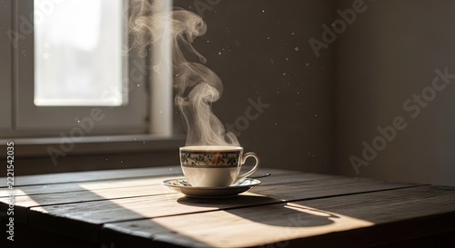Steaming cup of coffee on rustic wooden table indoors.
