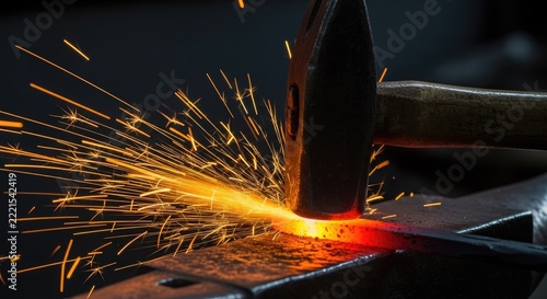 Blacksmith hammer striking glowing red hot metal on anvil.