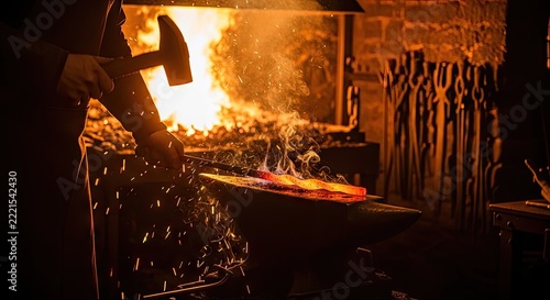 Blacksmith forging hot iron on anvil in dark workshop.