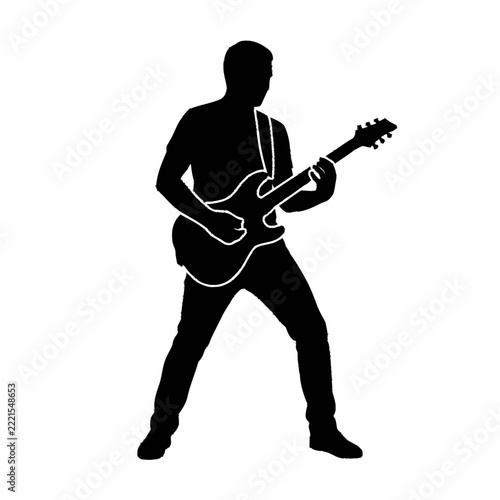 Electric guitar player silhouette performing rock musician standing isolated on white background