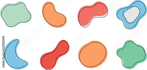 Collection of colorful organic fluid shapes with thin black outlines arranged on a plain white background, for use and visual