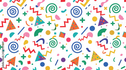Seamless pattern featuring colorful geometric shapes like triangles, circles, spirals, and zigzags in a retro nineties style on white background