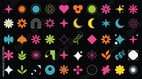 Set of various colorful including flowers, stars, moons, and abstract shapes arranged on a solid black background, for projects