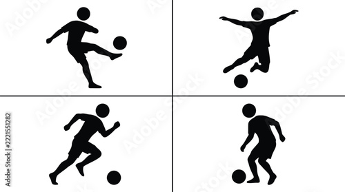 Set of four black silhouettes of soccer players in different action poses with a ball isolated on a white background, for sports