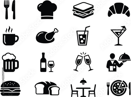 Collection of black food and restaurant including cutlery, chef hat, sandwich, drinks, and dining service isolated on white background