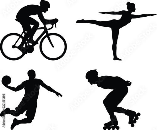 Set of four black silhouettes of people engaged in sports activities including cycling, yoga, basketball, and roller skating on white background