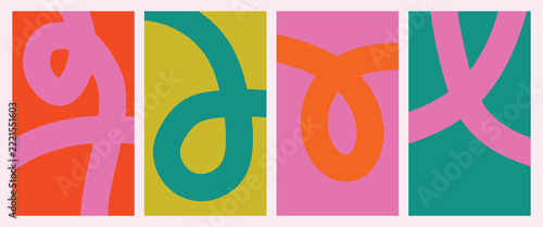Abstract curvilinear shapes arranged within colored square frames vector illustration