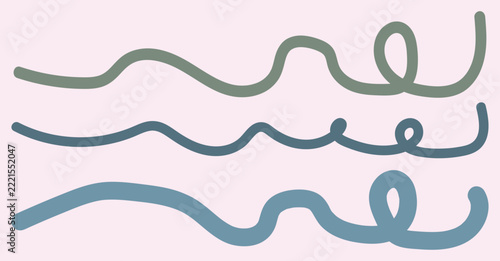 Three wavy lines in varying shades of blue and green on pink